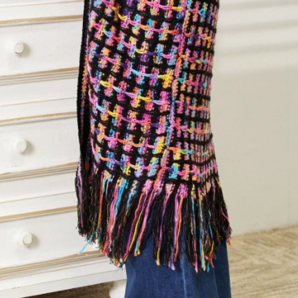 📣CLEARANCE📣 Boho Black Rainbow Open Front Fringe Long Cardigan - Picture 6 of 7
